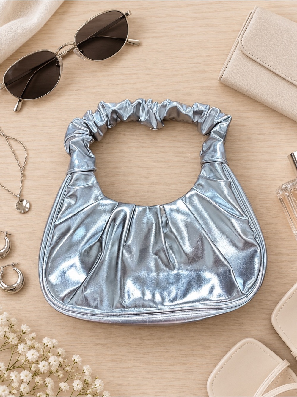 Metallic Silver Mini Ruched Handle Handbag Y2K Purse